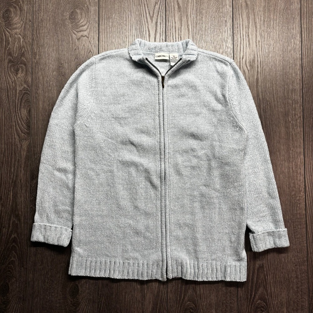 Cherokee Brand Blue Chenille Full Zip Small Mock Neck Sweater Y2K Vintage Pastel